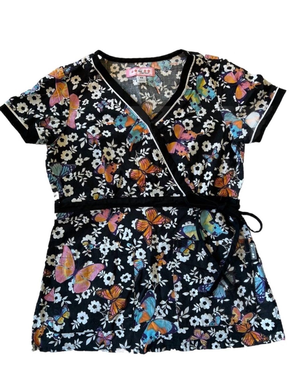 Women's Black Butterfly Floral Wrap Tee